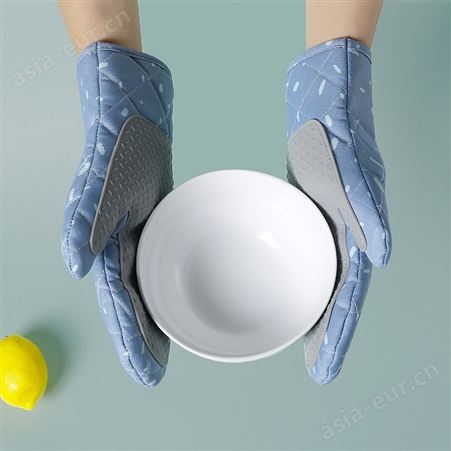 蓝色网格加厚隔热手套 厨房烘焙烤箱专用硅胶棉布护手套